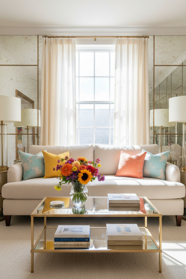 Small Living Room, Cream Sofa, Mirrored Side Table, Reflective Surfaces, Bright Expanded Space Small Living Room, Cream Sofa, Mirrored Side Table, Reflective Surfaces, Bright Expanded Space