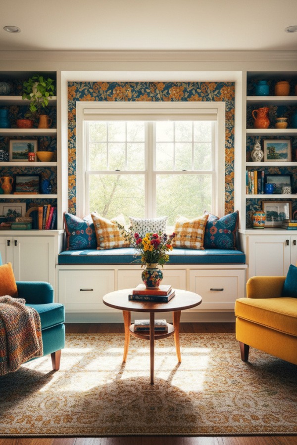 Small Living Room, White Built-Ins, Window Seat, Integrated Storage, Sunlit Efficient Space Small Living Room, White Built-Ins, Window Seat, Integrated Storage, Sunlit Efficient Space