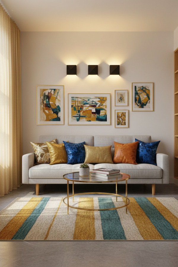 Small Living Room, Light Gray Futon, Wall-Mounted Lighting, Space-Saving Layout, Vibrant Studio Space Small Living Room, Light Gray Futon, Wall-Mounted Lighting, Space-Saving Layout, Vibrant Studio Space