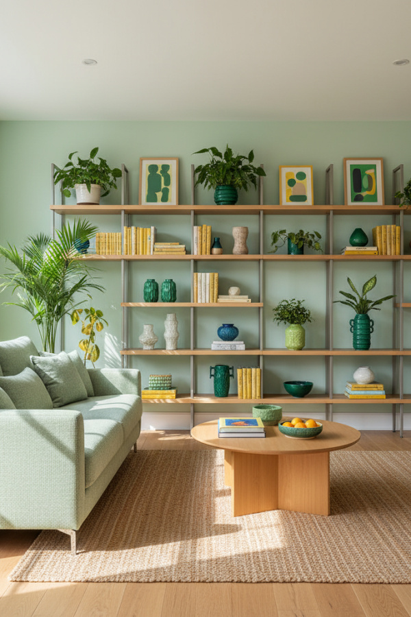 Small Living Room, Pale Green Sofa, Open Shelving Unit, Airy Display, Bright Organic Modern Space Small Living Room, Pale Green Sofa, Open Shelving Unit, Airy Display, Bright Organic Modern Space