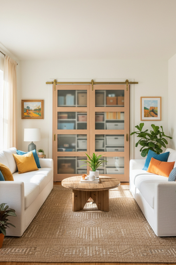 Small Living Room, Ivory Sectional, Sliding Door Storage, Hidden Organization, Sunlit Streamlined Space Small Living Room, Ivory Sectional, Sliding Door Storage, Hidden Organization, Sunlit Streamlined Space