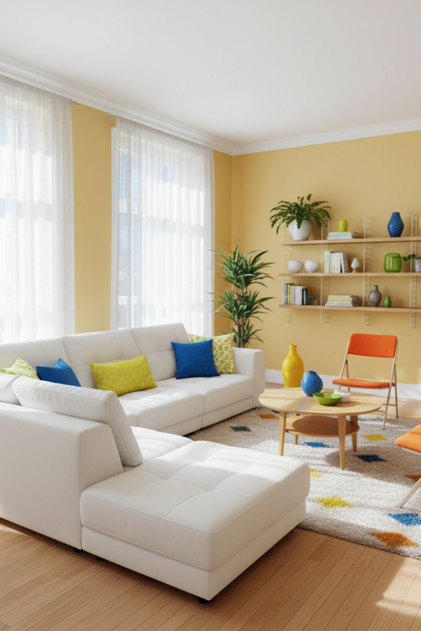 Small Living Room, White Modular Sofa, Reconfigurable Layout, Adaptable Design, Vibrant Flexible Space Small Living Room, White Modular Sofa, Reconfigurable Layout, Adaptable Design, Vibrant Flexible Space