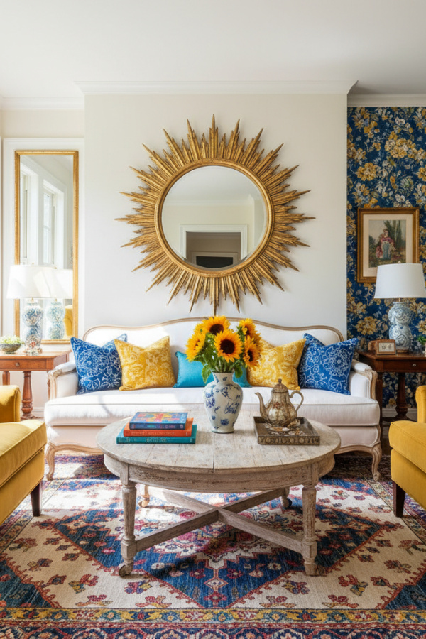 Small Living Room, White Sofa, Round Coffee Table, Large Mirror, Sunlit Spacious Feel Small Living Room, White Sofa, Round Coffee Table, Large Mirror, Sunlit Spacious Feel