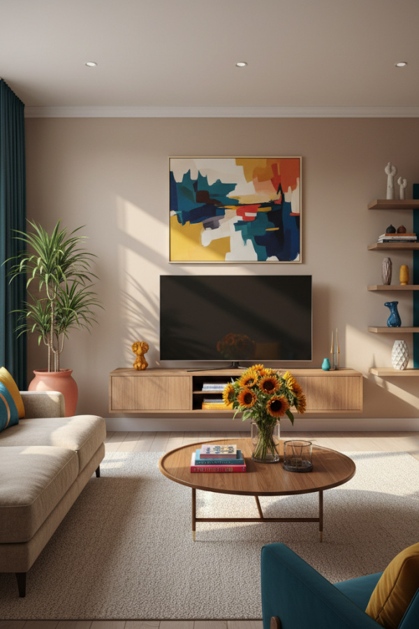 Small Living Room, Beige Loveseat, Floating TV Console, Open Floor Plan, Vibrant Modern Space Small Living Room, Beige Loveseat, Floating TV Console, Open Floor Plan, Vibrant Modern Space