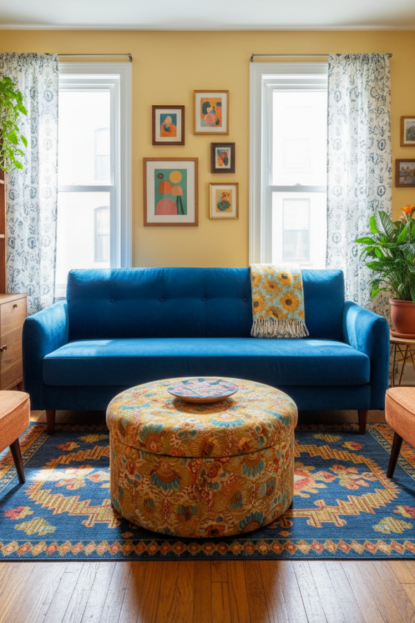 Small Living Room, Pale Blue Sofa, Multi-Functional Ottoman, Hidden Storage, Sunlit Compact Space Small Living Room, Pale Blue Sofa, Multi-Functional Ottoman, Hidden Storage, Sunlit Compact Space