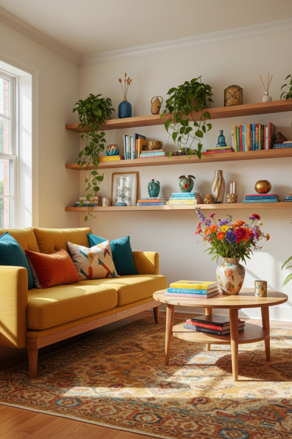 Small Living Room, Light Wood Furniture, Low Profile Sofa, Scandinavian Simplicity, Vibrant Open Space Small Living Room, Light Wood Furniture, Low Profile Sofa, Scandinavian Simplicity, Vibrant Open Space