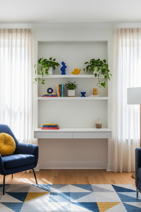 Small Living Room, White Walls, Navy Accent Chair, Wall-Mounted Desk, Bright Efficient Space Small Living Room, White Walls, Navy Accent Chair, Wall-Mounted Desk, Bright Efficient Space