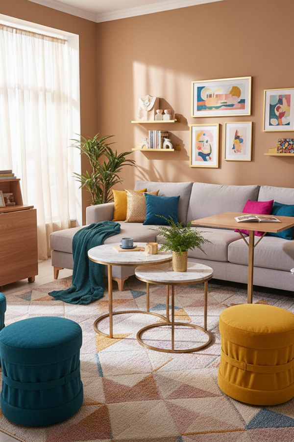 Small Living Room, Soft Gray Sofa, Nesting Tables, Foldable Furniture, Vibrant Flexible Space Small Living Room, Soft Gray Sofa, Nesting Tables, Foldable Furniture, Vibrant Flexible Space