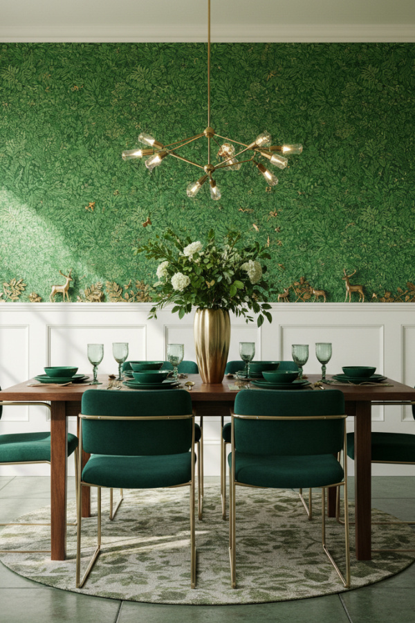 Forest Green Subtle Texture Wallpaper And Vibrant Glossy White Wainscoting Forest Green Subtle Texture Wallpaper And Vibrant Glossy White Wainscoting
