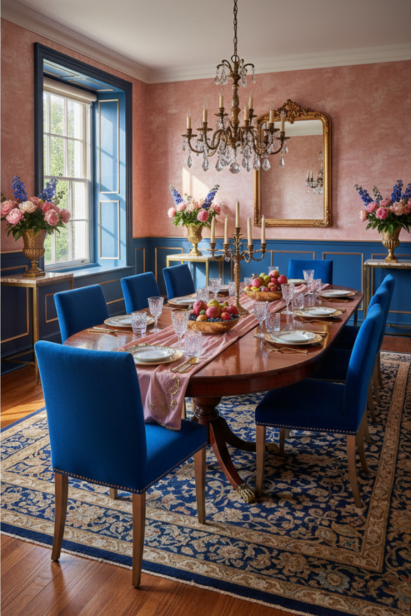 Blush Pink Silk Wallpaper And Sunlit Navy Blue Wainscoting Blush Pink Silk Wallpaper And Sunlit Navy Blue Wainscoting