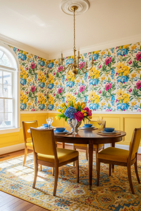 Watercolor Floral Wallpaper And Vibrant Traditional Wainscoting Design Watercolor Floral Wallpaper And Vibrant Traditional Wainscoting Design