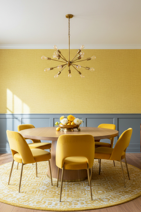 Butter Yellow Refined Grasscloth Wallpaper And Bright Graphite Wainscoting Base Butter Yellow Refined Grasscloth Wallpaper And Bright Graphite Wainscoting Base