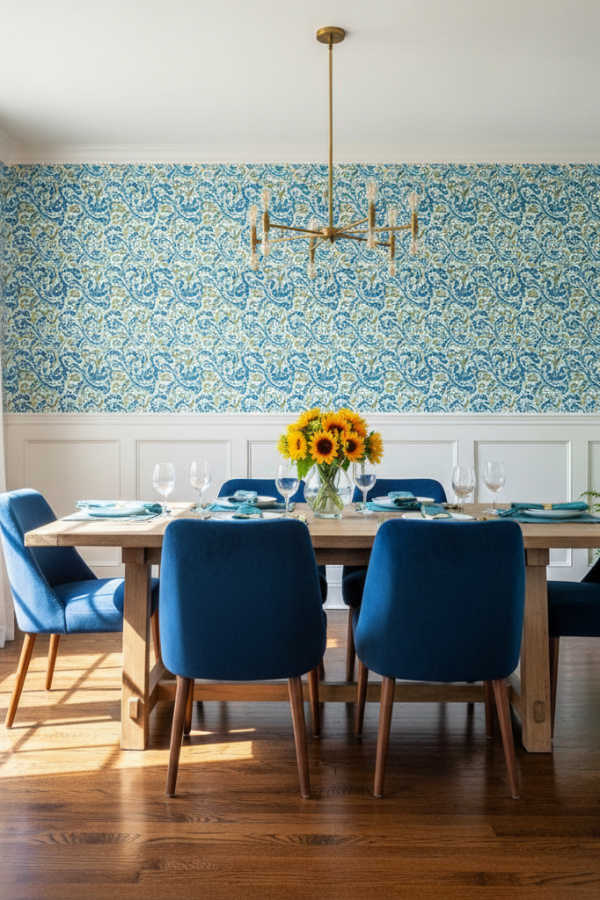 Teal Blue Subtle Pattern Wallpaper And Sunlit Bright White Panel Wainscoting Teal Blue Subtle Pattern Wallpaper And Sunlit Bright White Panel Wainscoting