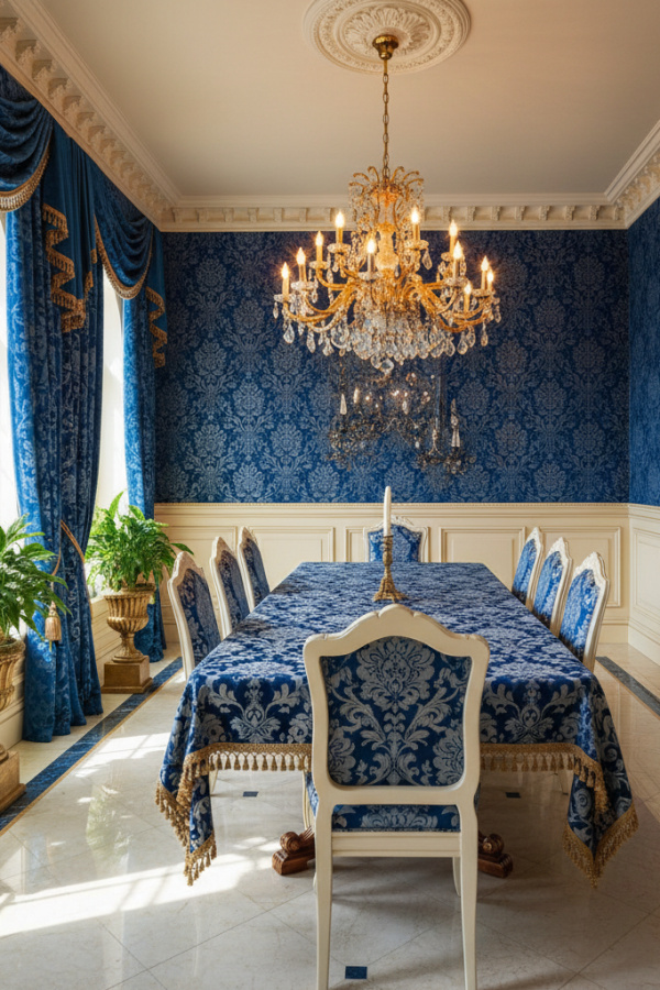 Sapphire Blue Damask Wallpaper And Sunlit Cream Wainscoting Sapphire Blue Damask Wallpaper And Sunlit Cream Wainscoting