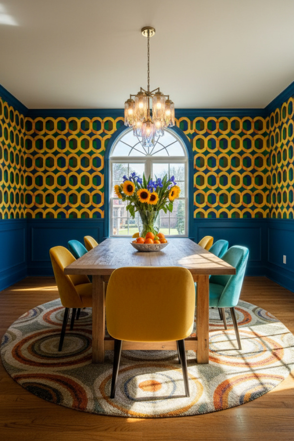 Bold Geometric Wallpaper And Vibrant Contrasting Wainscoting Design Bold Geometric Wallpaper And Vibrant Contrasting Wainscoting Design