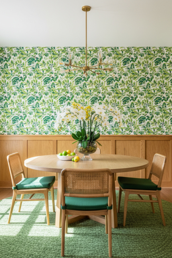 Olive Green Botanical Wallpaper And Bright Natural Wood Wainscoting Olive Green Botanical Wallpaper And Bright Natural Wood Wainscoting