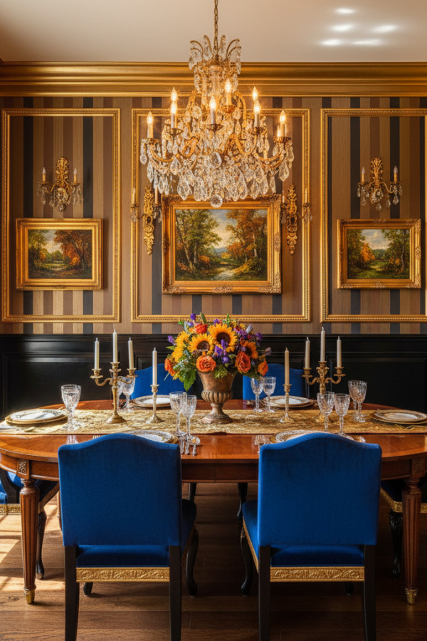 Metallic Bronze Stripe Wallpaper And Sunlit Black Wainscoting Accent Metallic Bronze Stripe Wallpaper And Sunlit Black Wainscoting Accent