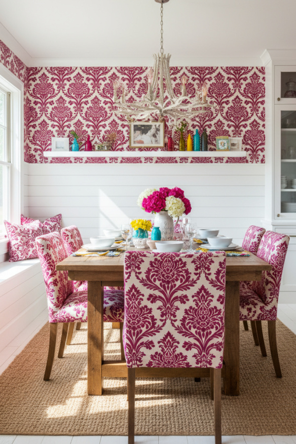 Magenta Elegant Damask Wallpaper And Bright White Shiplap Wainscoting Magenta Elegant Damask Wallpaper And Bright White Shiplap Wainscoting