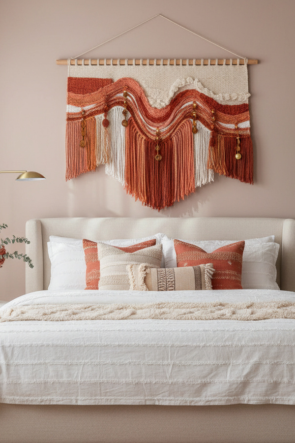 Cinnamon Spice Woven Boho Wall Hanging Above Bed Cinnamon Spice Woven Boho Wall Hanging Above Bed