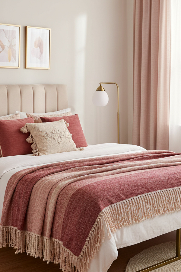 Blush Mauve Fringed Boho Throw Blanket Draped Over Bed Blush Mauve Fringed Boho Throw Blanket Draped Over Bed