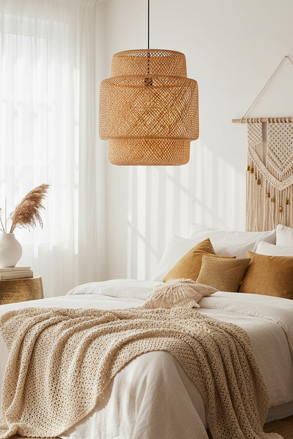 Bamboo Boho Pendant Light Fixture With Natural Fiber Shade Bamboo Boho Pendant Light Fixture With Natural Fiber Shade