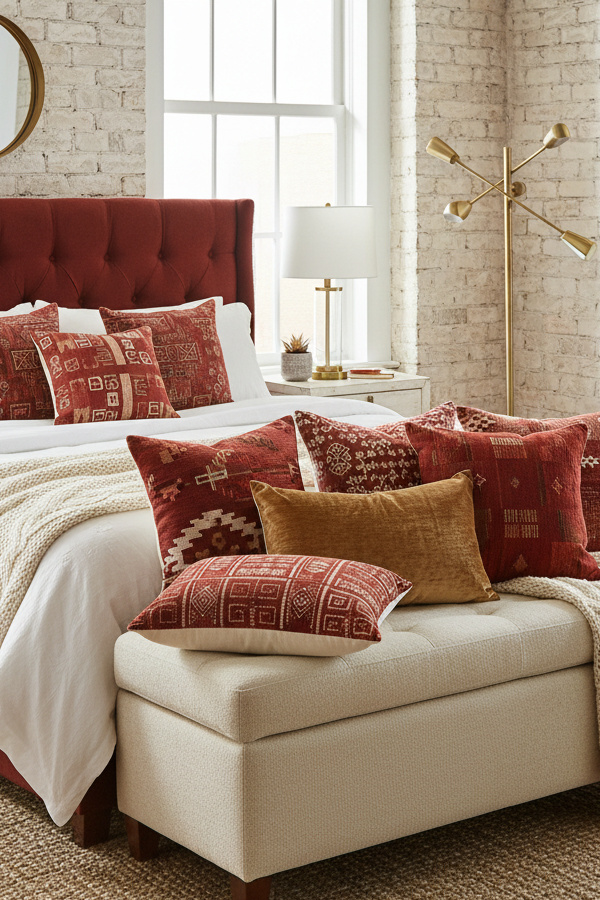Brick Red Kilim Boho Pillow Collection On Upholstered Bench Brick Red Kilim Boho Pillow Collection On Upholstered Bench