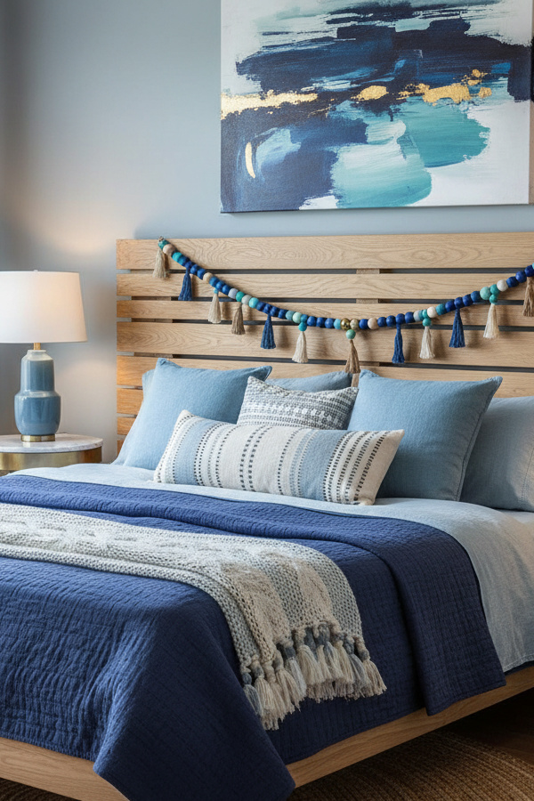 Wooden Bead Boho Garland Draped Along Headboard Wooden Bead Boho Garland Draped Along Headboard