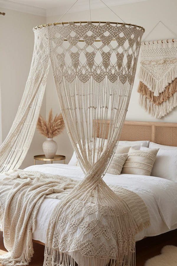 Ivory Crochet Boho Bed Canopy Draped From Ceiling Ivory Crochet Boho Bed Canopy Draped From Ceiling
