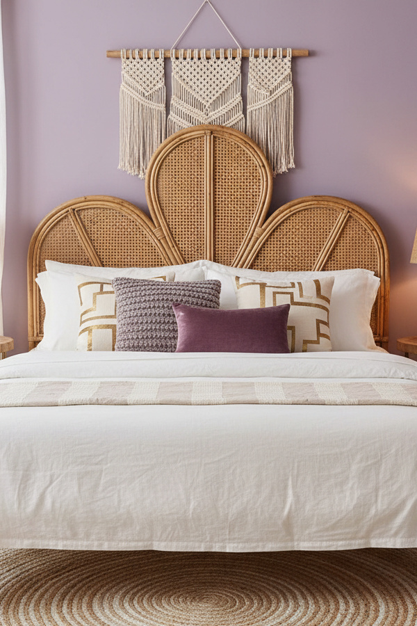 Rattan Boho Headboard With Natural Texture And Curved Design Rattan Boho Headboard With Natural Texture And Curved Design