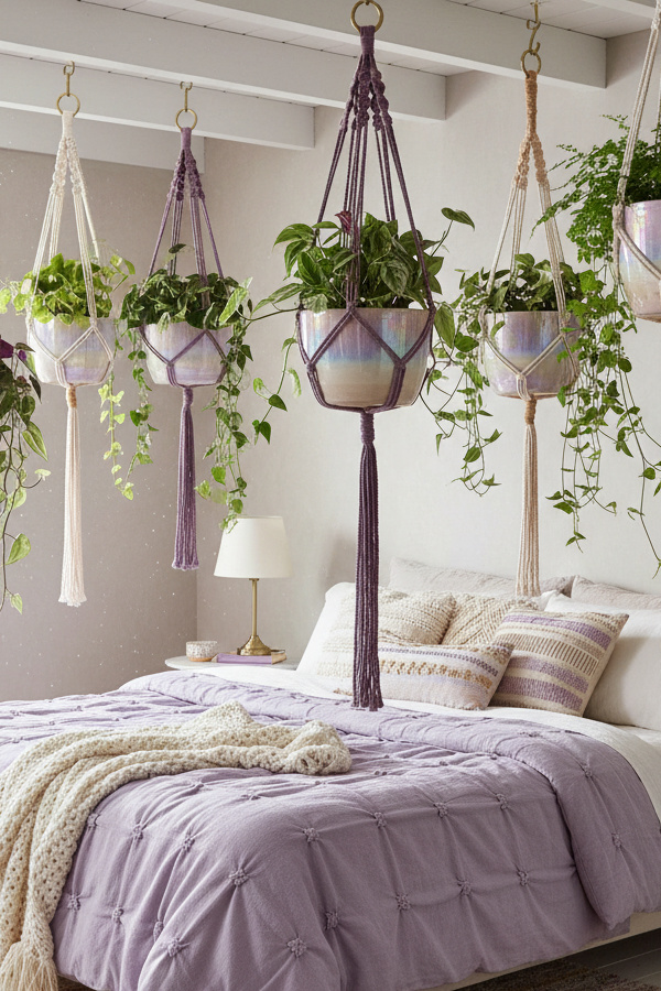 Macrame Boho Plant Hangers Suspended From Ceiling Hooks Macrame Boho Plant Hangers Suspended From Ceiling Hooks