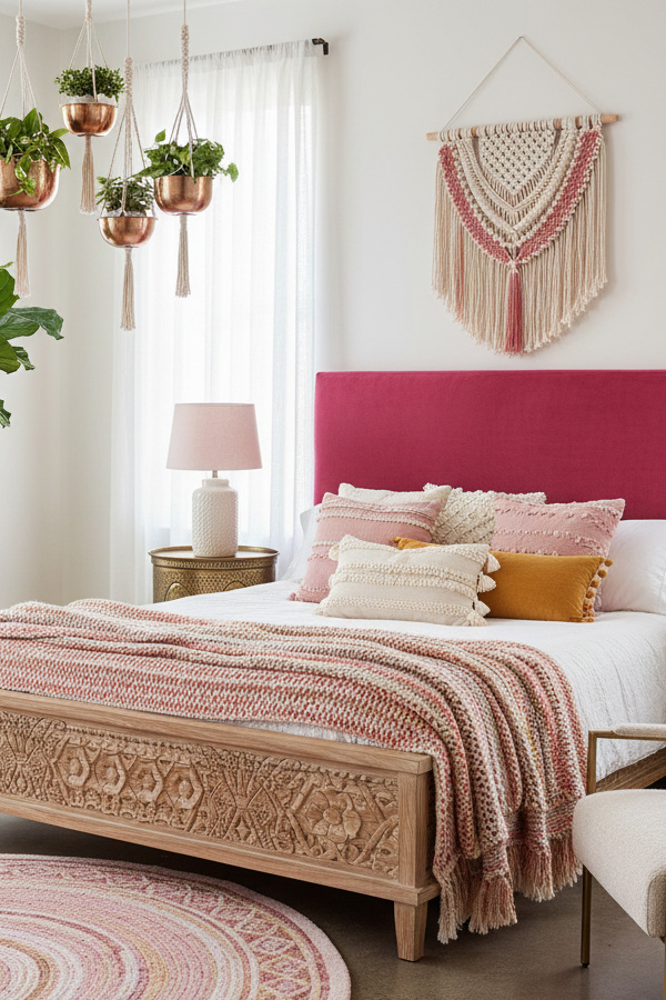 Low-Profile Boho Platform Bed With Carved Wood Details Low-Profile Boho Platform Bed With Carved Wood Details