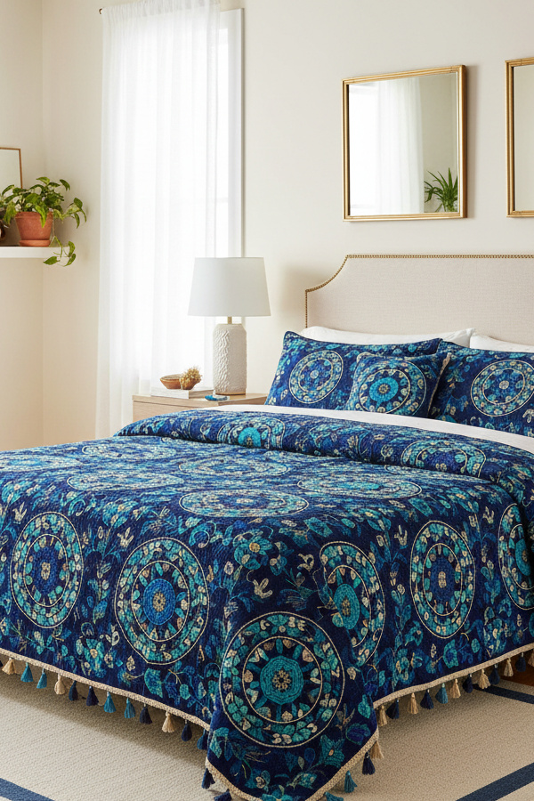 Indigo Blue Suzani Embroidered Boho Bedspread Indigo Blue Suzani Embroidered Boho Bedspread