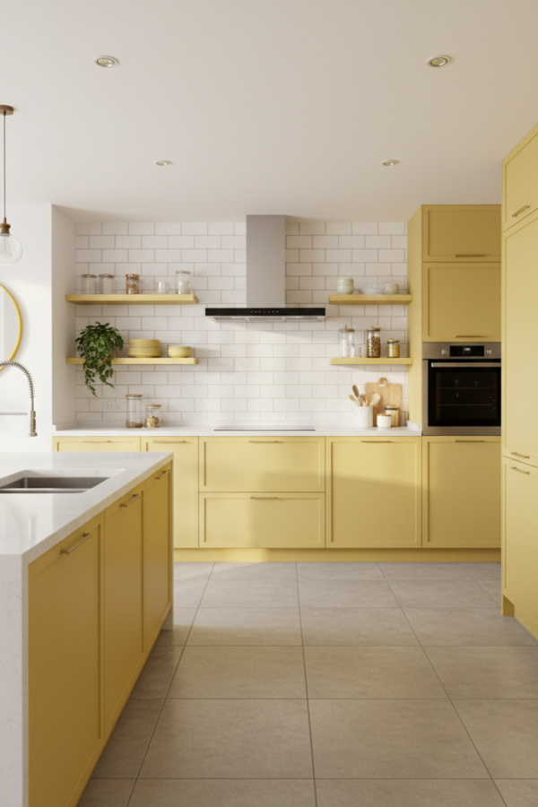 Modern Yellow Kitchen Cabinets, Butter Yellow Matte Finish, White Quartz Countertop, Bright Contemporary Kitchen Modern Yellow Kitchen Cabinets, Butter Yellow Matte Finish, White Quartz Countertop, Bright Contemporary Kitchen