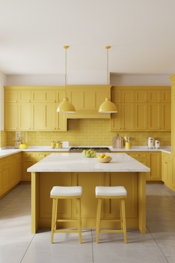 Modern Yellow Kitchen Island, Canary Yellow Base, White Perimeter, Bright Playful Kitchen Modern Yellow Kitchen Island, Canary Yellow Base, White Perimeter, Bright Playful Kitchen