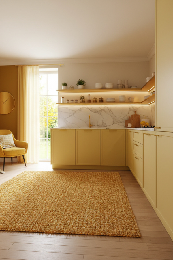 Modern Yellow Kitchen Cabinets, Soft Primrose Yellow, Marble Backsplash, Sunlit Elegant Kitchen Modern Yellow Kitchen Cabinets, Soft Primrose Yellow, Marble Backsplash, Sunlit Elegant Kitchen