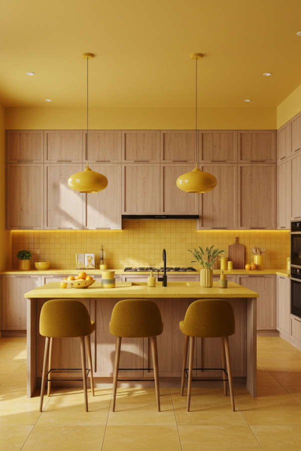 Modern Yellow Kitchen Backsplash, Honey Yellow Tiles, Natural Oak Cabinets, Vibrant Organic Modern Kitchen Modern Yellow Kitchen Backsplash, Honey Yellow Tiles, Natural Oak Cabinets, Vibrant Organic Modern Kitchen