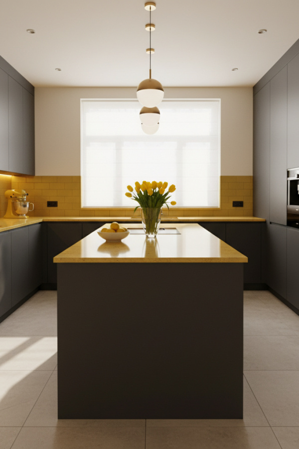 Modern Yellow Kitchen Island, Goldenrod Yellow, Charcoal Gray Perimeter, Bright Sophisticated Kitchen Modern Yellow Kitchen Island, Goldenrod Yellow, Charcoal Gray Perimeter, Bright Sophisticated Kitchen