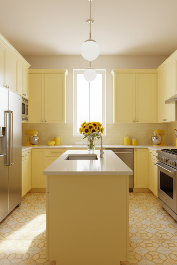 Modern Yellow Kitchen Cabinets, Pale Banana Yellow, Stainless Steel Appliances, Sunlit Retro Kitchen Modern Yellow Kitchen Cabinets, Pale Banana Yellow, Stainless Steel Appliances, Sunlit Retro Kitchen