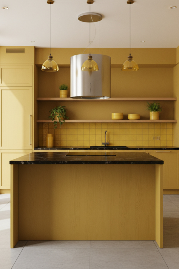 Modern Yellow Kitchen Island, Daffodil Yellow Base, Black Countertop, Bright Dramatic Kitchen Modern Yellow Kitchen Island, Daffodil Yellow Base, Black Countertop, Bright Dramatic Kitchen