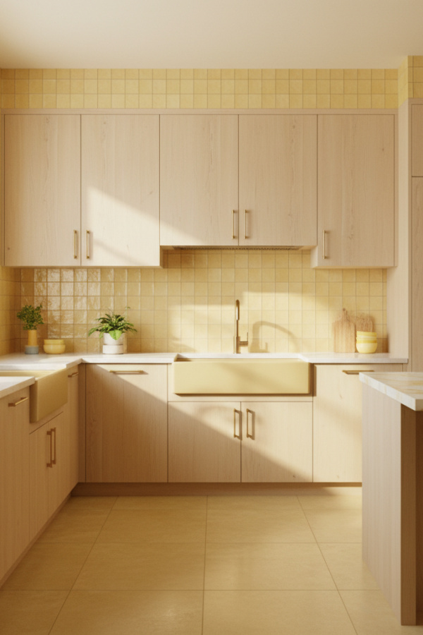 Modern Yellow Kitchen Backsplash, Buttercream Yellow Zellige, Light Wood Cabinets, Sunlit Refined Kitchen Modern Yellow Kitchen Backsplash, Buttercream Yellow Zellige, Light Wood Cabinets, Sunlit Refined Kitchen