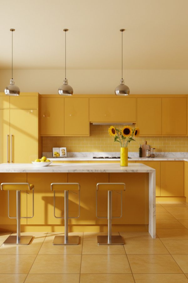 Modern Yellow Kitchen Cabinets, Amber Yellow Gloss, White Marble Counter, Vibrant Luxe Kitchen Modern Yellow Kitchen Cabinets, Amber Yellow Gloss, White Marble Counter, Vibrant Luxe Kitchen