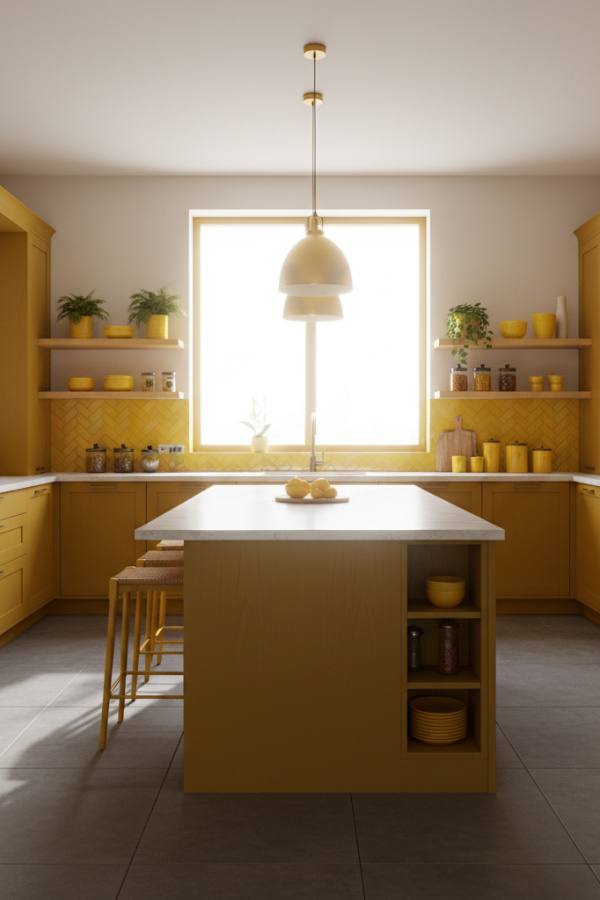 Modern Yellow Kitchen Island, Mustard Yellow Base, Gray Perimeter Cabinets, Sunlit Transitional Kitchen Modern Yellow Kitchen Island, Mustard Yellow Base, Gray Perimeter Cabinets, Sunlit Transitional Kitchen