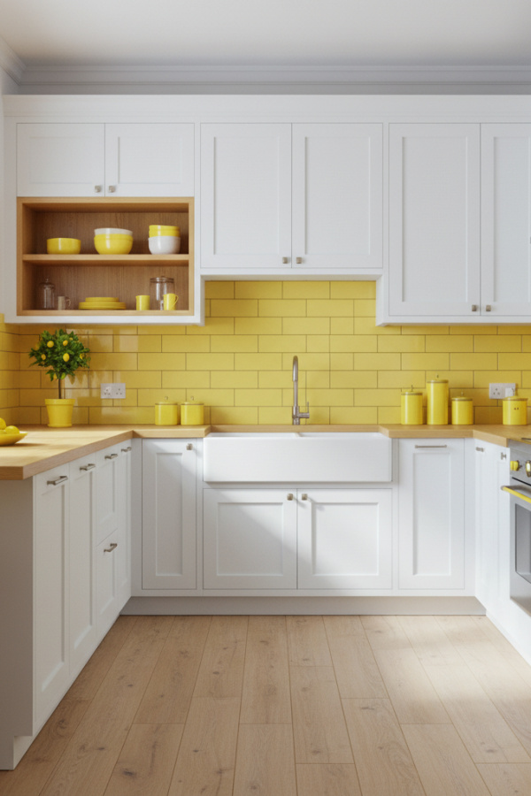 Modern Yellow Kitchen Backsplash, Lemon Yellow Ceramic Tiles, White Cabinetry, Vibrant Clean-Lined Kitchen Modern Yellow Kitchen Backsplash, Lemon Yellow Ceramic Tiles, White Cabinetry, Vibrant Clean-Lined Kitchen