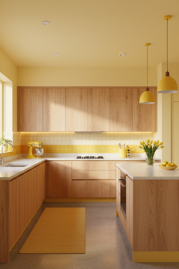 Modern Yellow Kitchen Walls, Pale Yellow Paint, Natural Wood Cabinets, Bright Scandinavian Kitchen Modern Yellow Kitchen Walls, Pale Yellow Paint, Natural Wood Cabinets, Bright Scandinavian Kitchen