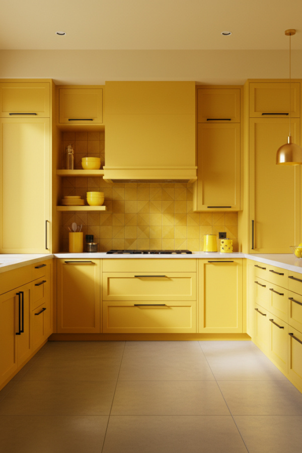 Modern Yellow Kitchen Cabinets, Golden Yellow Lacquer, Black Hardware Accents, Sunlit Bold Kitchen Modern Yellow Kitchen Cabinets, Golden Yellow Lacquer, Black Hardware Accents, Sunlit Bold Kitchen