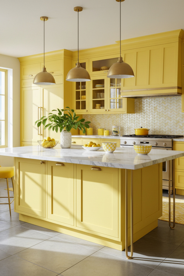 Modern Yellow Kitchen Island, Sunshine Yellow Painted Base, Marble Countertop, Vibrant Eclectic Kitchen Modern Yellow Kitchen Island, Sunshine Yellow Painted Base, Marble Countertop, Vibrant Eclectic Kitchen