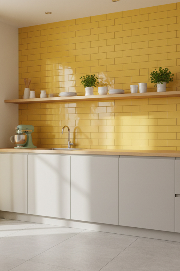Modern Yellow Kitchen Backsplash, Soft Butter Tiles, Light Gray Cabinets, Bright Minimalist Kitchen Modern Yellow Kitchen Backsplash, Soft Butter Tiles, Light Gray Cabinets, Bright Minimalist Kitchen
