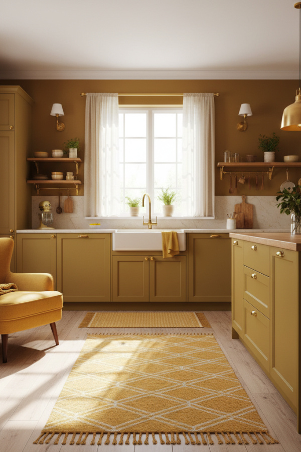 Modern Yellow Kitchen Cabinets, Ochre Yellow Matte, Brass Hardware, Sunlit Warm Kitchen Modern Yellow Kitchen Cabinets, Ochre Yellow Matte, Brass Hardware, Sunlit Warm Kitchen