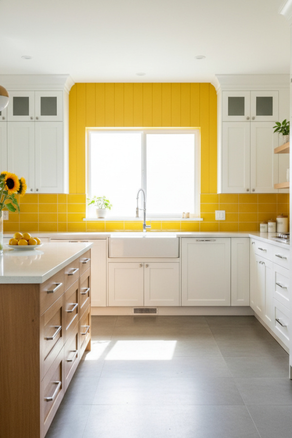 Modern Yellow Kitchen Accent Wall, Marigold Yellow, White Shaker Cabinets, Vibrant Cheerful Kitchen Modern Yellow Kitchen Accent Wall, Marigold Yellow, White Shaker Cabinets, Vibrant Cheerful Kitchen
