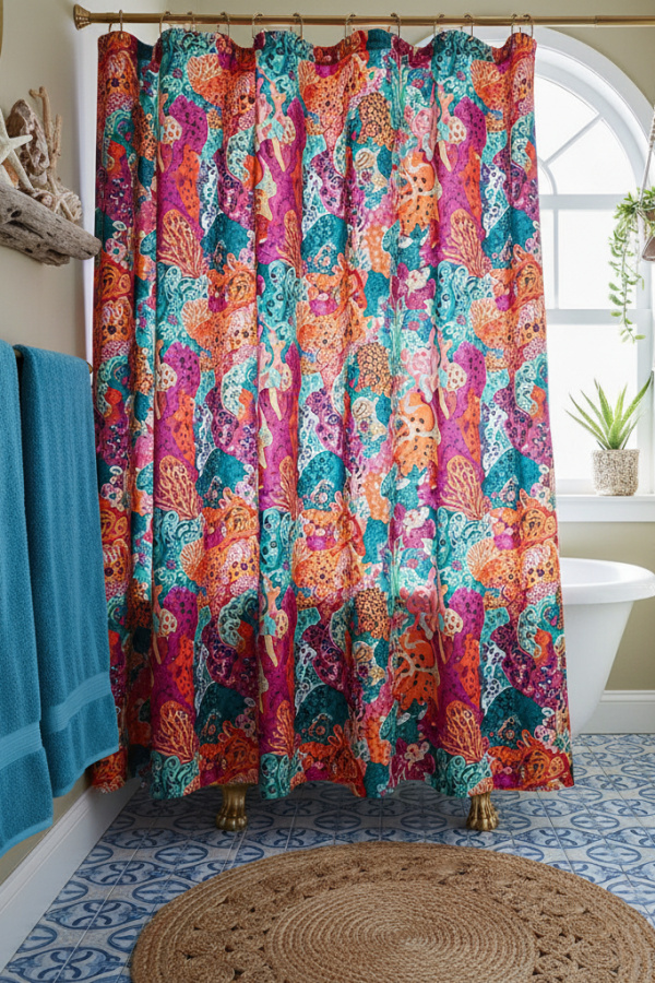 Coral Reef Textured Shower Curtain In A Vibrant Bohemian Bathroom